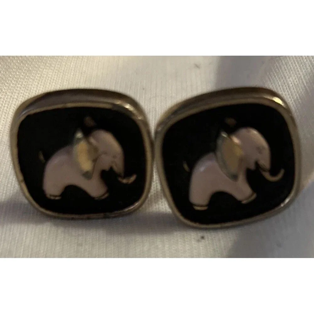 VTG Enamel Pink Elephant Cufflinks Silver Tone Mid Century